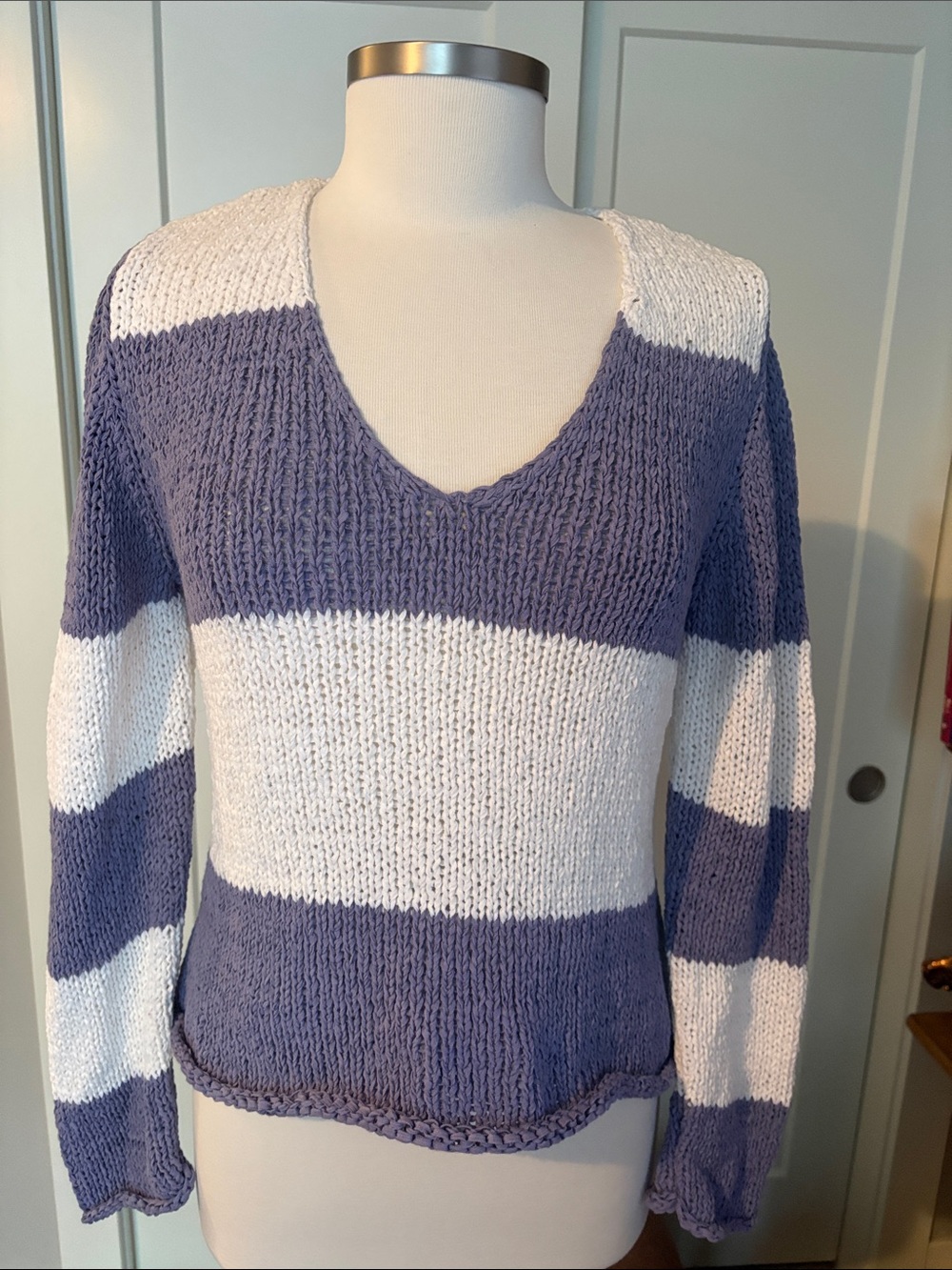 Pure Knit cotton Striped V-Neck Sweater in Lavender and White NWOT